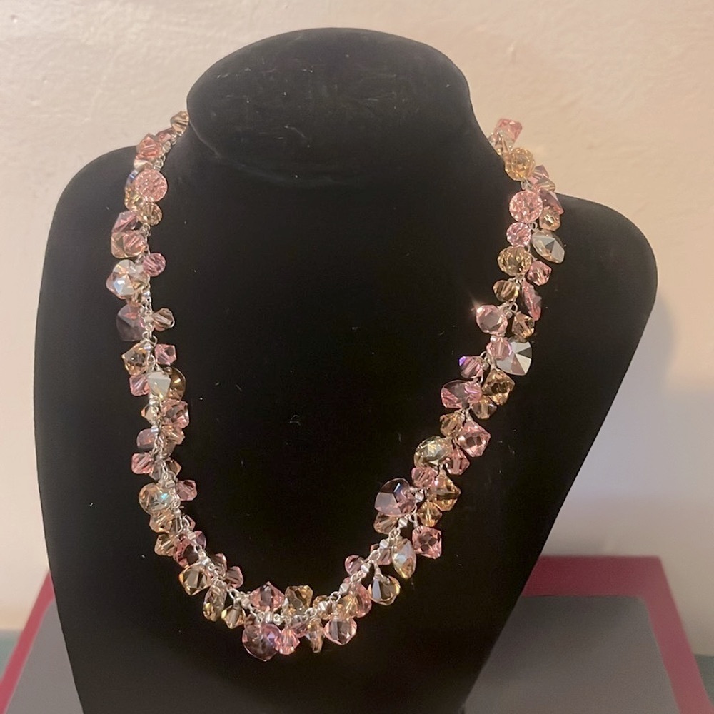 Sterling Made With Swarovski Crystal Pink Yellow Heart Cluster Choker Necklace